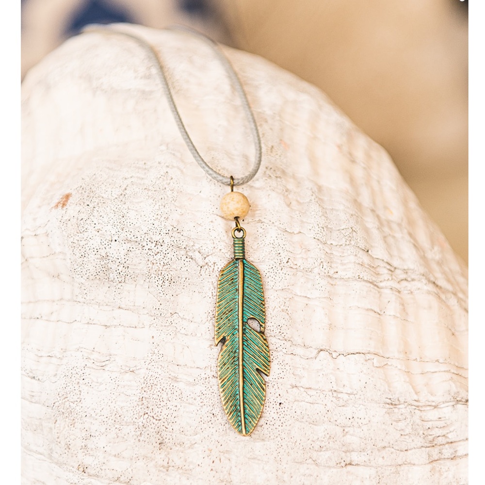 Handmade Teal Rustic Feather Necklace “love stone”